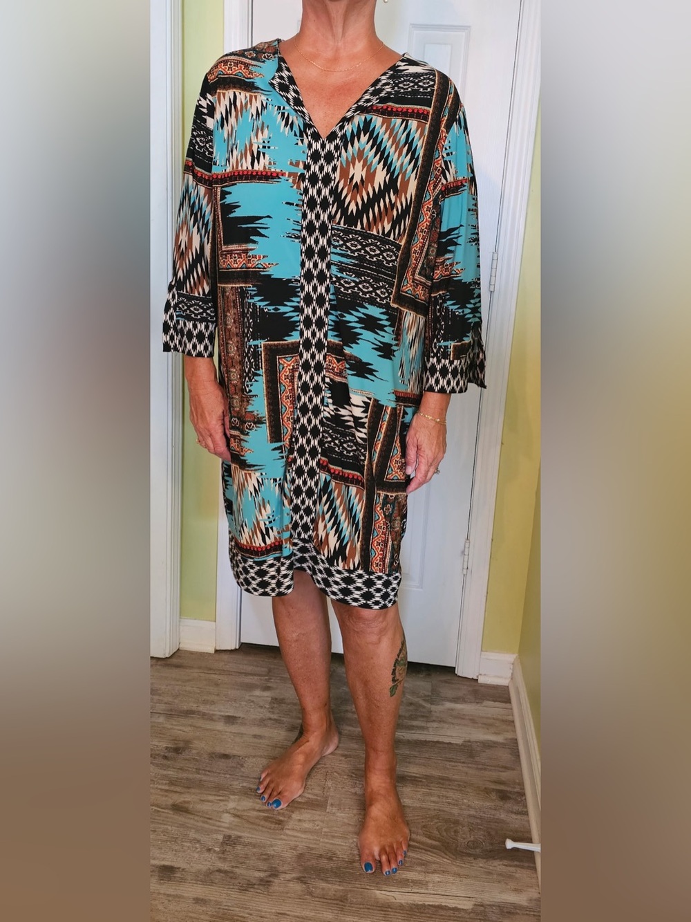 Turquoise & Black Aztec-Print Long Sleeve Shift Dress